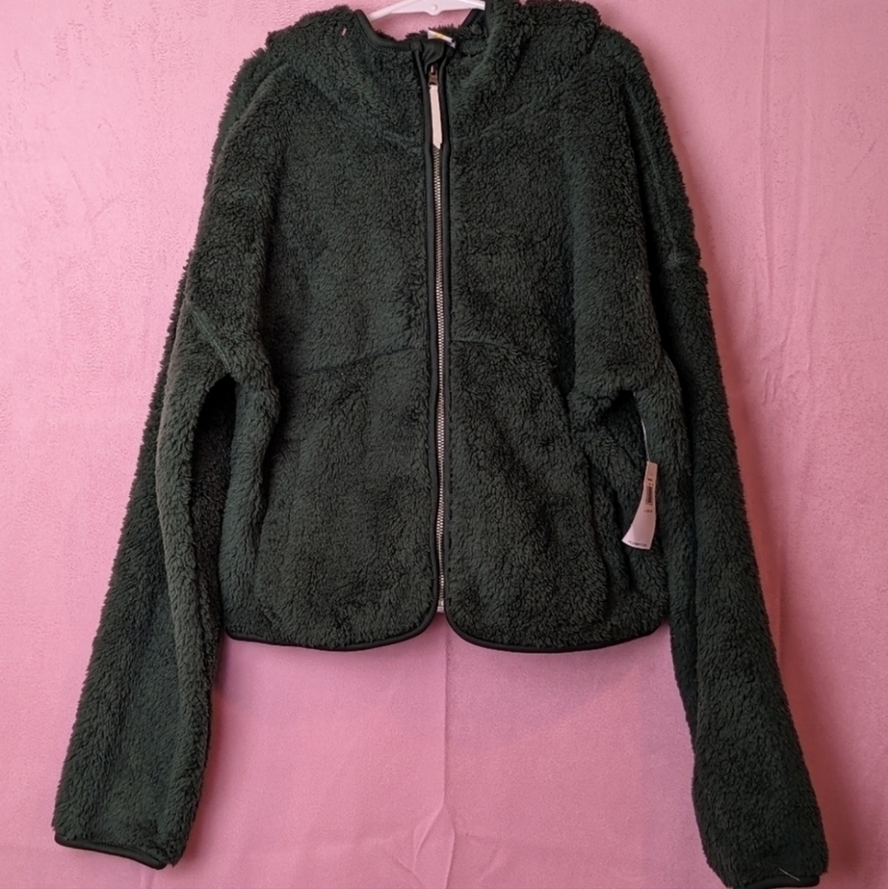 Old Navy Green Full Zip Fluffy Hooded Jacket size Large 10/12
